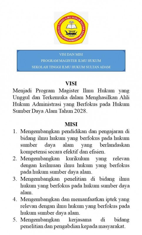 Visi Misi Program Studi Magister Ilmu Hukum STIHSA Banjarmasin